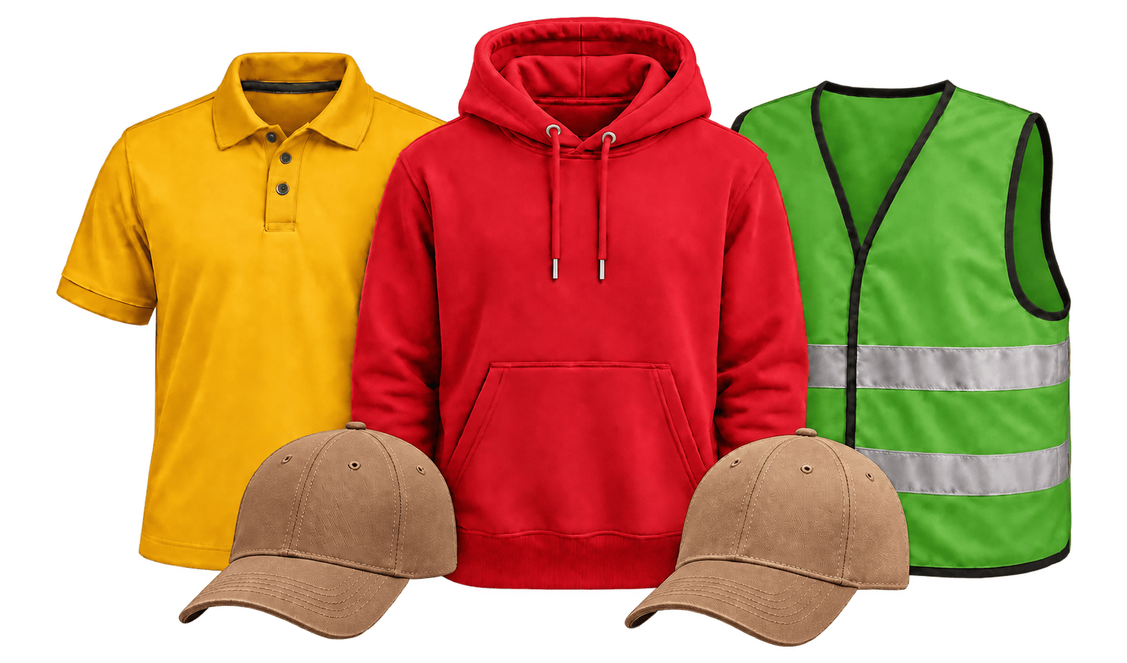 Amber polo, red hoodie, Jamara-green reflective jacket, and two light-brown caps