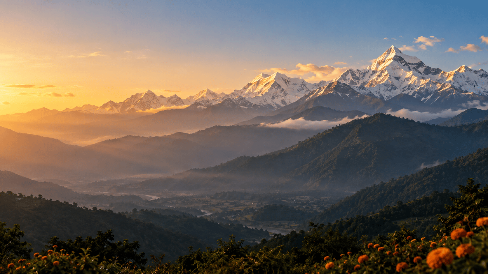 Himalayan mountain valley at golden hour