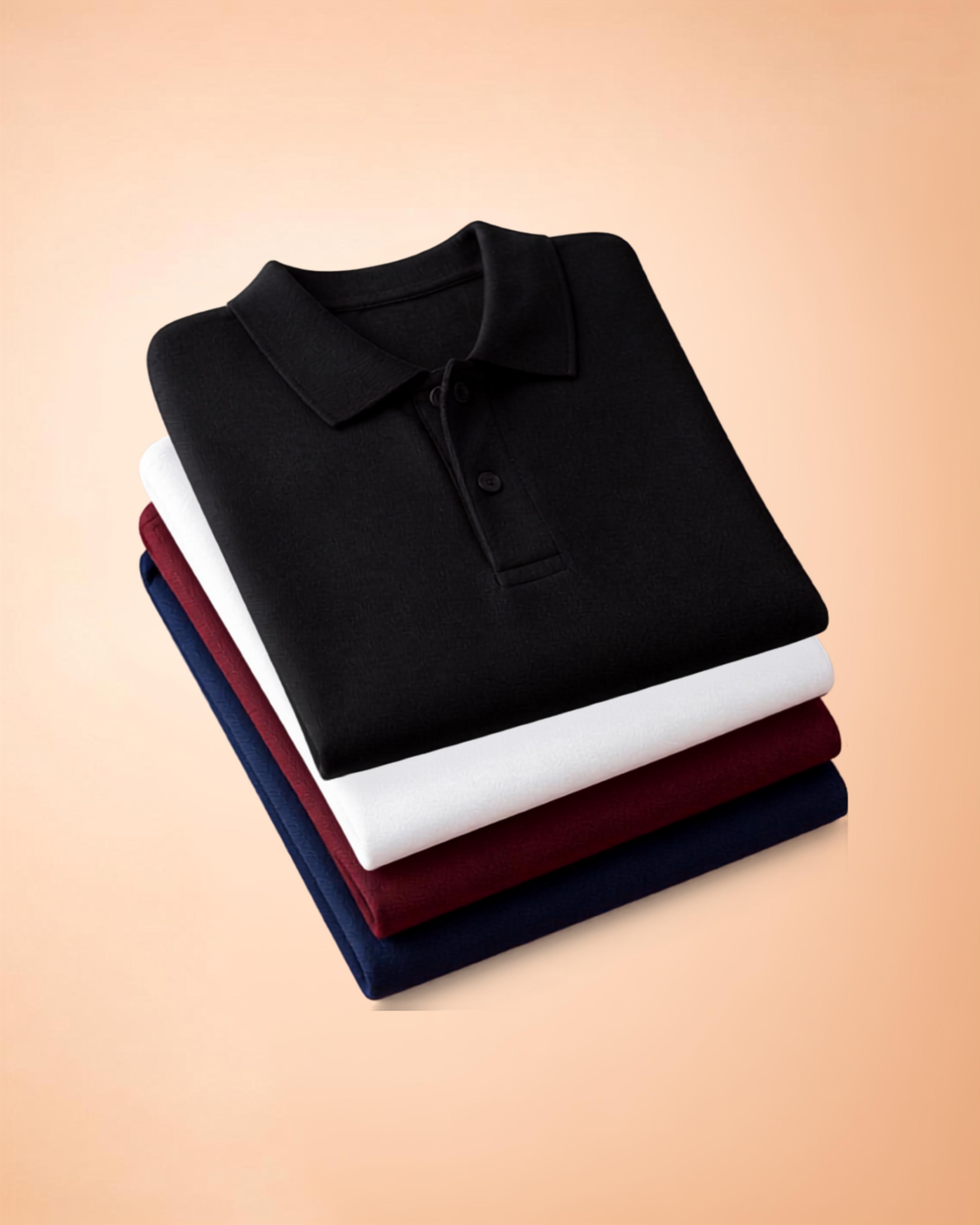 Folded polos in black, white, maroon and navy
